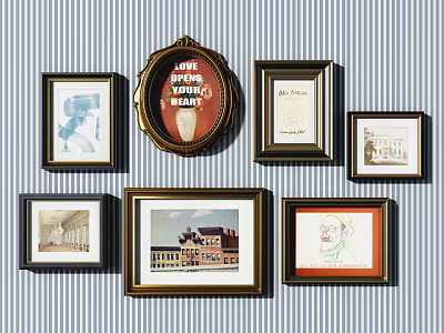 Various Framed Artworks On Striped Wall With Love Hope Dream Decor 3d model