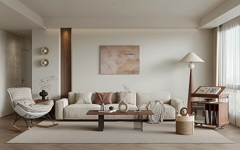 Quiet Style Living Room Fabric Sofa Tea Table Rocking Chair Side Table Floor Lamp Decorative Painting 3d model