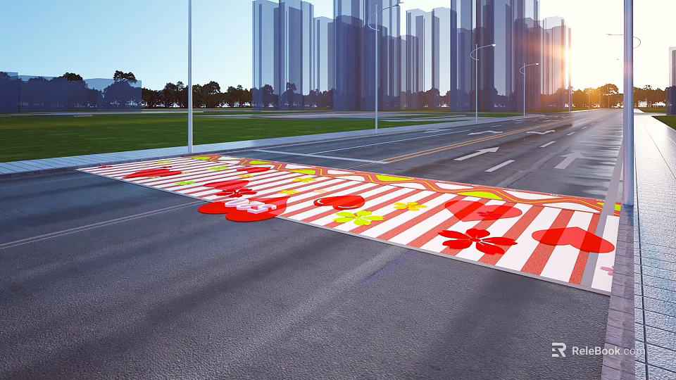 Colorful Zebra Crossing With Red Flower Yellow Star Patterns And Street Lamps On City Road 3d model 