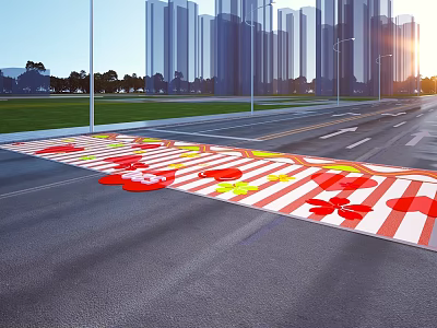 Colorful Zebra Crossing With Red Flower Yellow Star Patterns And Street Lamps On City Road 3d model