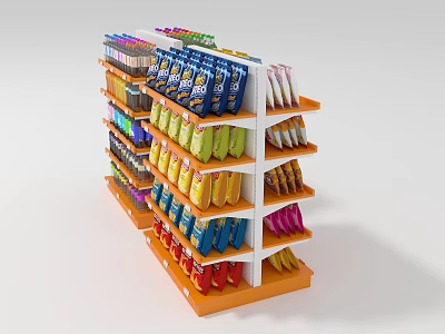 Retail Shelf with Multiple Layers of Colorful Packaged Products Neatly Arranged 3d model