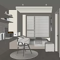 Modern Tatami Bedroom Interior with Window Blinds Desk Bookshelf and Storage Chair Decorations