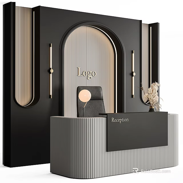 Elegant Exhibition Reception Desk With Arched Logo Display Ribbed Panels And Table Lamp 3d model 