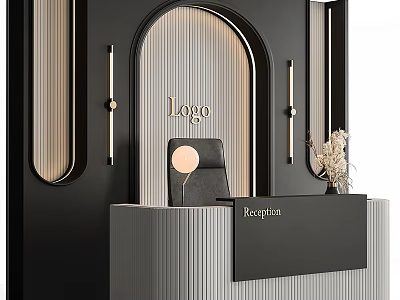 Elegant Exhibition Reception Desk With Arched Logo Display Ribbed Panels And Table Lamp 3d model