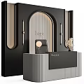Elegant Exhibition Reception Desk With Arched Logo Display Ribbed Panels And Table Lamp