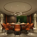 Elegant Private Room Interior With Circular Ceiling Chandelier Round Table And Orange Chairs