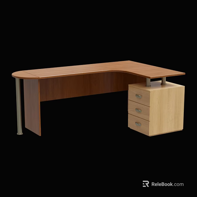 L Shaped Office Desk With Wooden Desktop And Drawer Cabinet Metal Legs 3d model 