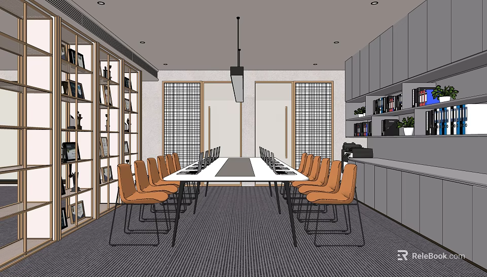 Modern Conference Room Interior Design With Long Table Orange Chairs Bookshelves And Hanging Lamp 3d model 
