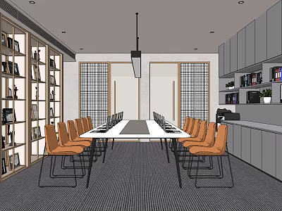 Modern Conference Room Interior Design With Long Table Orange Chairs Bookshelves And Hanging Lamp 3d model