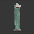 Elegant Green Long Dress With Geometric Pattern On Mannequin And Floor Reflection
