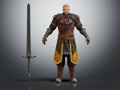 Armored Warrior Character Standing With Long Sword And Battle Armor Details 3d model