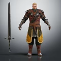 Armored Warrior Character Standing With Long Sword And Battle Armor Details 3d model