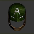 Green Superhero Character Helmet With Silver A Symbol And Glowing Eye Details