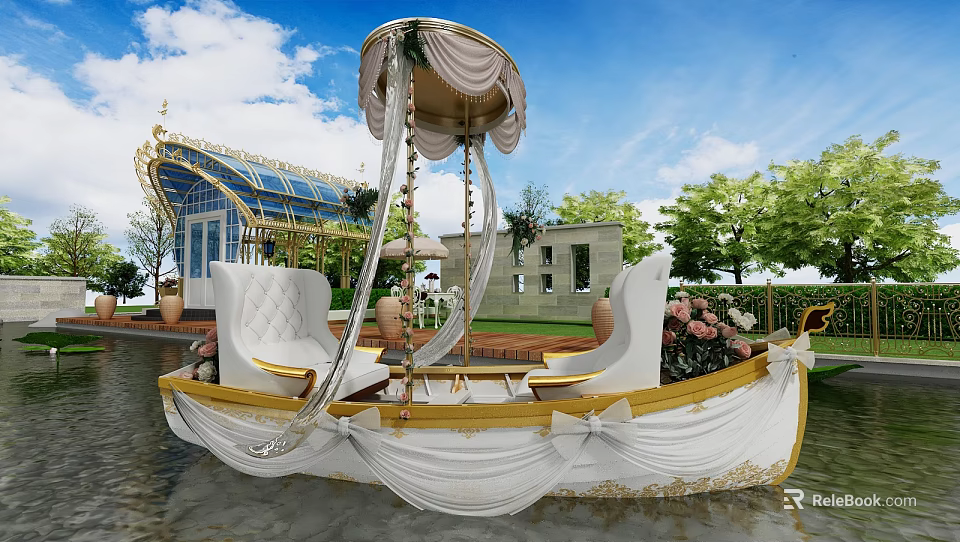 Luxurious White and Gold Gondola Boat with Canopy and Floral Decor on Water 3d model 