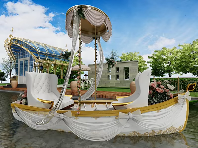 Luxurious White and Gold Gondola Boat with Canopy and Floral Decor on Water 3d model