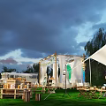 Garden Landscape Featuring Wooden Frame Colorful Flags White Tent on Green Lawn and Mountain Sky