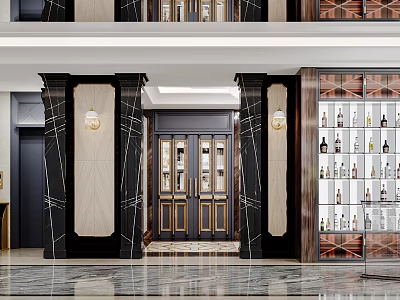 Luxurious Store Entrance With Black Gold Accents Marble Columns Wine Rack Wall Lamps 3d model