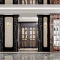 Luxurious Store Entrance With Black Gold Accents Marble Columns Wine Rack Wall Lamps