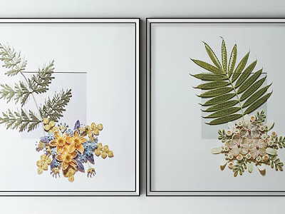 Framed Botanical Paintings with Fern Leaves Yellow Flowers and White Blossoms for Home Decor 3d model