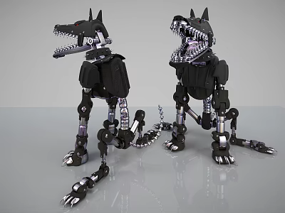 Two Black Mechanical Dog Toys With Metallic Joints And Sharp Teeth Design 3d model