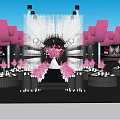 Elegant Banquet Hall With Pink Drapery Flower Arrangements Dining Tables And Stage