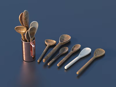 Wooden Spoons Of Various Sizes With White Spoon In Copper Cup For Kitchen Use 3d model