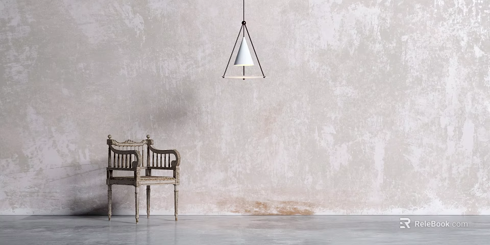 Vintage Wooden Leisure Chair With Woven Seat Near Textured Light Wall And Conical Pendant Light 3d model 