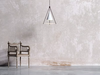 Vintage Wooden Leisure Chair With Woven Seat Near Textured Light Wall And Conical Pendant Light 3d model