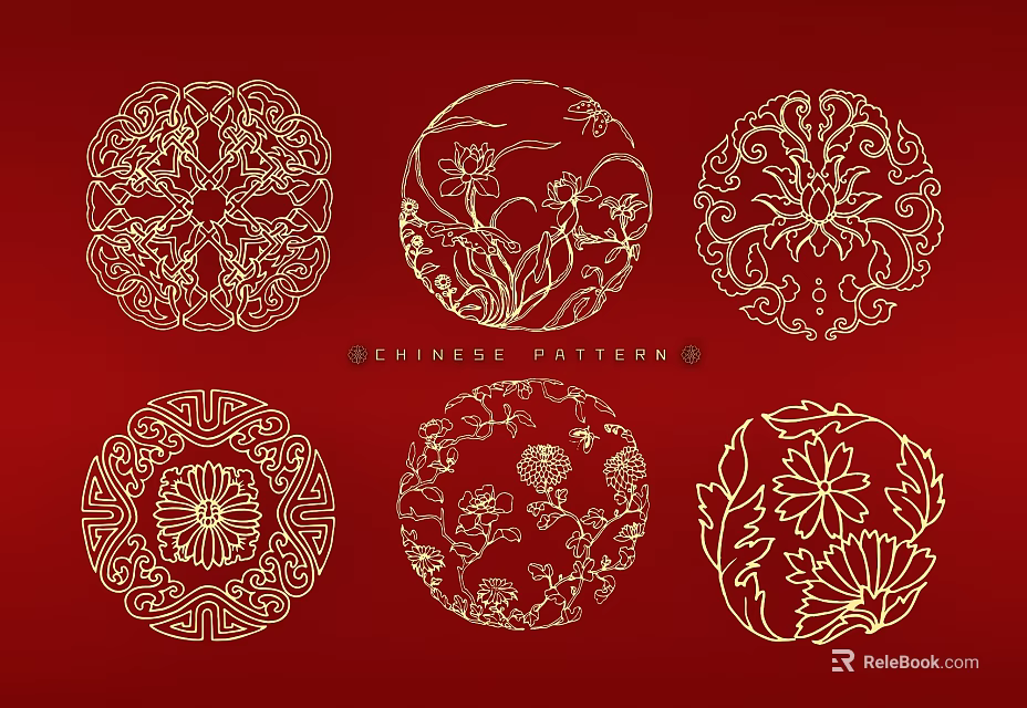 Chinese Traditional Gold Circular Wall Decor With Intricate Patterns On Red Background 3d model