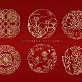 Chinese Traditional Gold Circular Wall Decor With Intricate Patterns On Red Background 3d model