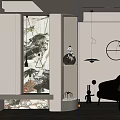 Modern Entryway Hallway Interior With Large Ink Painting Pendant Light Circular Mirror And Green Plant