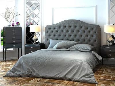 Gray Tufted Headboard Double Bed In Modern Bedroom With Nightstands Table Lamps And Wooden Flooring 3d model