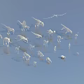 White Dinosaur Models With Feathered Wings In Various Poses On Blue Background With Water Reflections