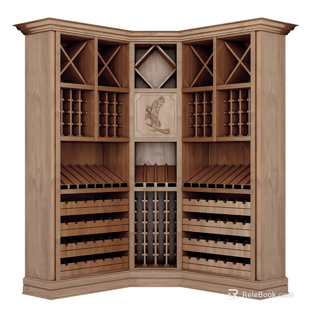 Elegant Wooden Wine Cabinet With X Shaped Compartments Carved Design And Multiple Wine Racks 3d model 