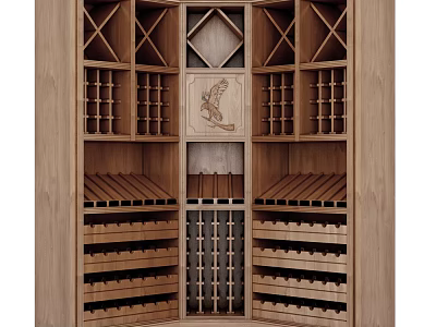Elegant Wooden Wine Cabinet With X Shaped Compartments Carved Design And Multiple Wine Racks 3d model