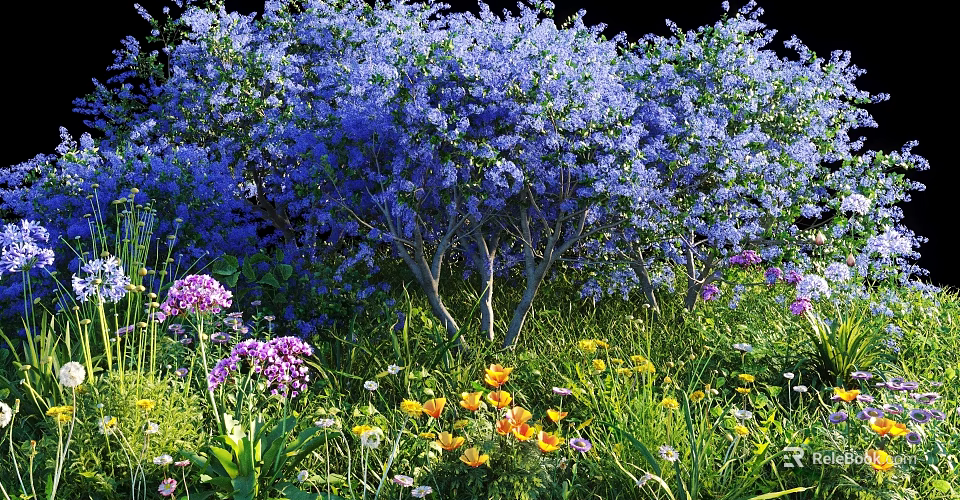 Lush Flower Garden With Blue Bushes Purple Blooms Yellow Flowers And Green Grass 3d model 
