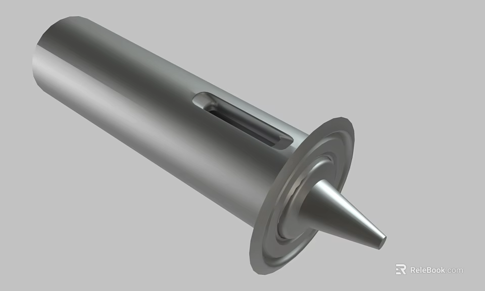 Stainless Steel Cylindrical Industrial Component With Side Slot Conical Tip And Flange Base 3d model 