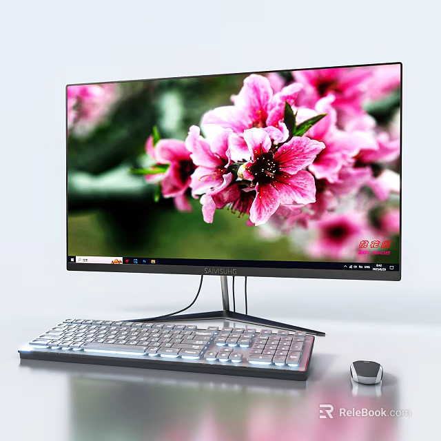 Desktop Computer Setup with Monitor Displaying Pink Flower Image Keyboard and Mouse 3d model 