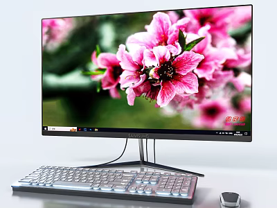 Desktop Computer Setup with Monitor Displaying Pink Flower Image Keyboard and Mouse 3d model
