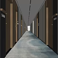 Modern Hotel Corridor With Textured Gray Walls Room Doors Number Signs And Carpeted Floor