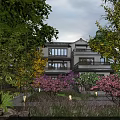 Traditional Chinese Boutique Guesthouse Surrounded by Lush Trees Pink Blossom Flowers and Garden Lights