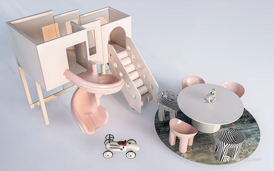 Kids Table With Chairs Slide And Toy Car In Cozy Playroom 3d model 