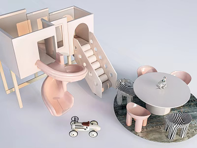 Kids Table With Chairs Slide And Toy Car In Cozy Playroom 3d model