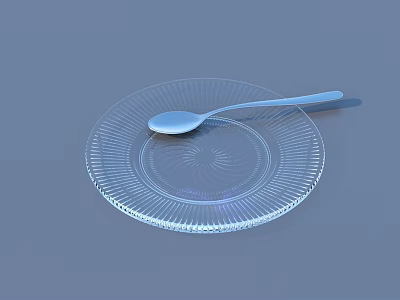 Clear Glass Plate With Intricate Edge Design And Metal Spoon For Daily Use 3d model