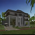 Modern Style Detached Villa With Large Windows Palm Trees And Green Lawn