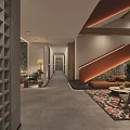 Modern Hotel Lobby Interior With Stone Wall Sofa Rug And Staircase