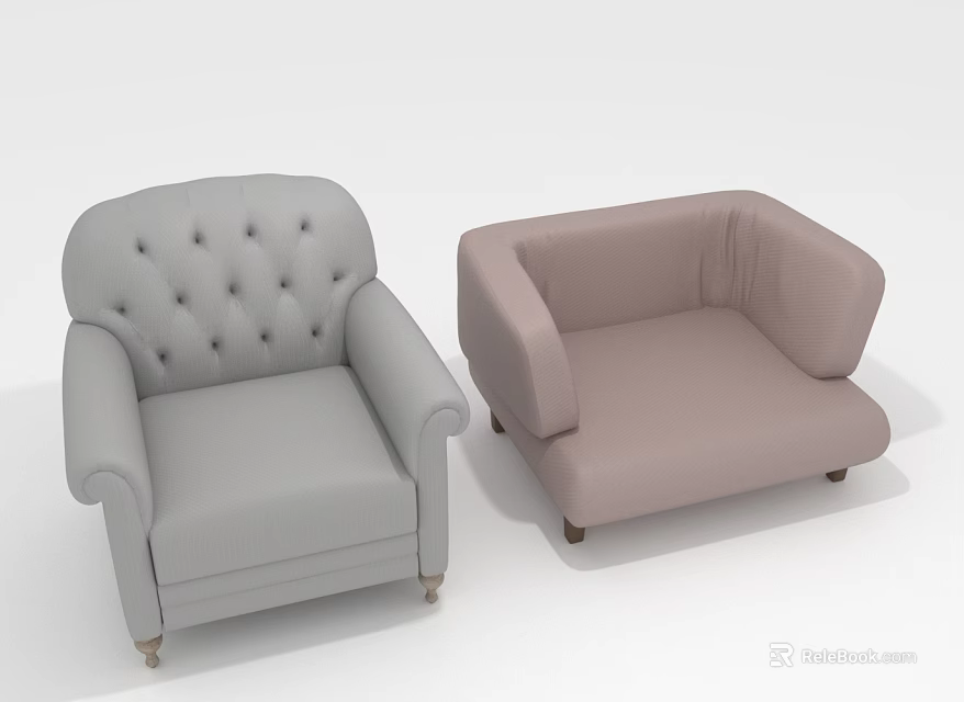 Light Gray Tufted Single Sofa With Light Pink Rounded Armrest Design 3d model 