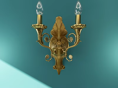 Elegant Golden Double Arm Wall Lamp With Ornate Design On Teal Wall 3d model