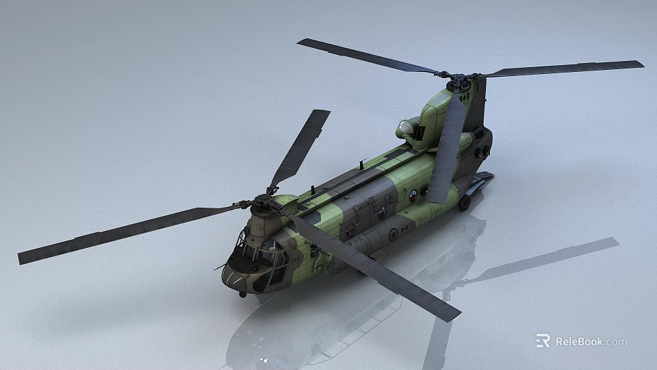 Military Transport Helicopter With Camouflage Green Exterior And Twin Rotors 3d model 