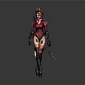 Game And Movie Fantasy Character In Red Outfit With Horned Headpiece Sword And Black Accessories